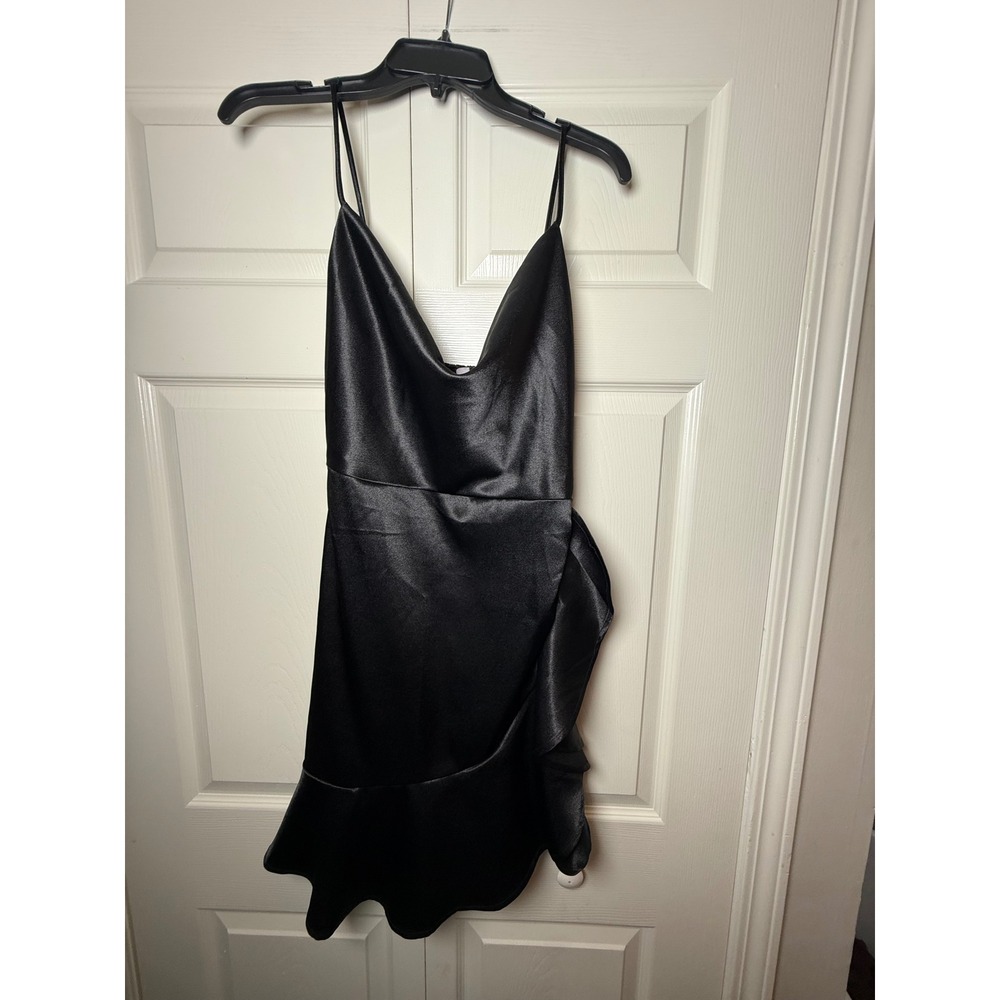 Favlux Fashion Black Satin Cowl Neck Mini‎ Dress Ruffle Wrap Small